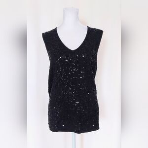 Talbots Petites Sleeveless Sequined Knit Top Black Size Large Silk Blend